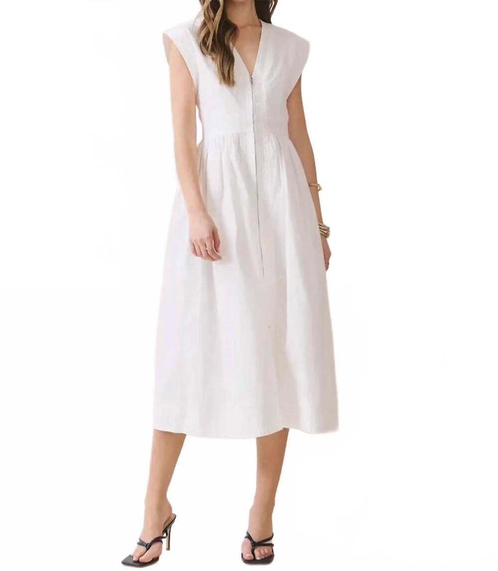 NEW TCEC cap sleeve v neck midi dress with front zipper sleeveless in white